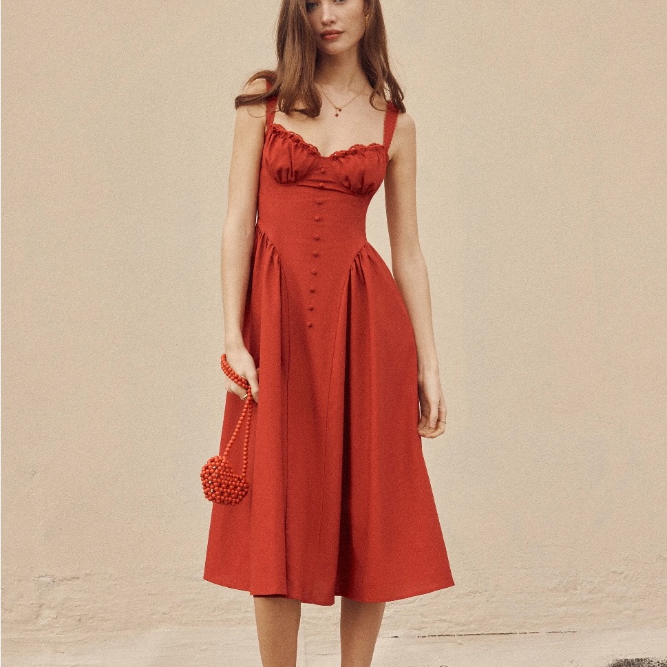 Cider Red Midi Dress With Button Front And Ruching
